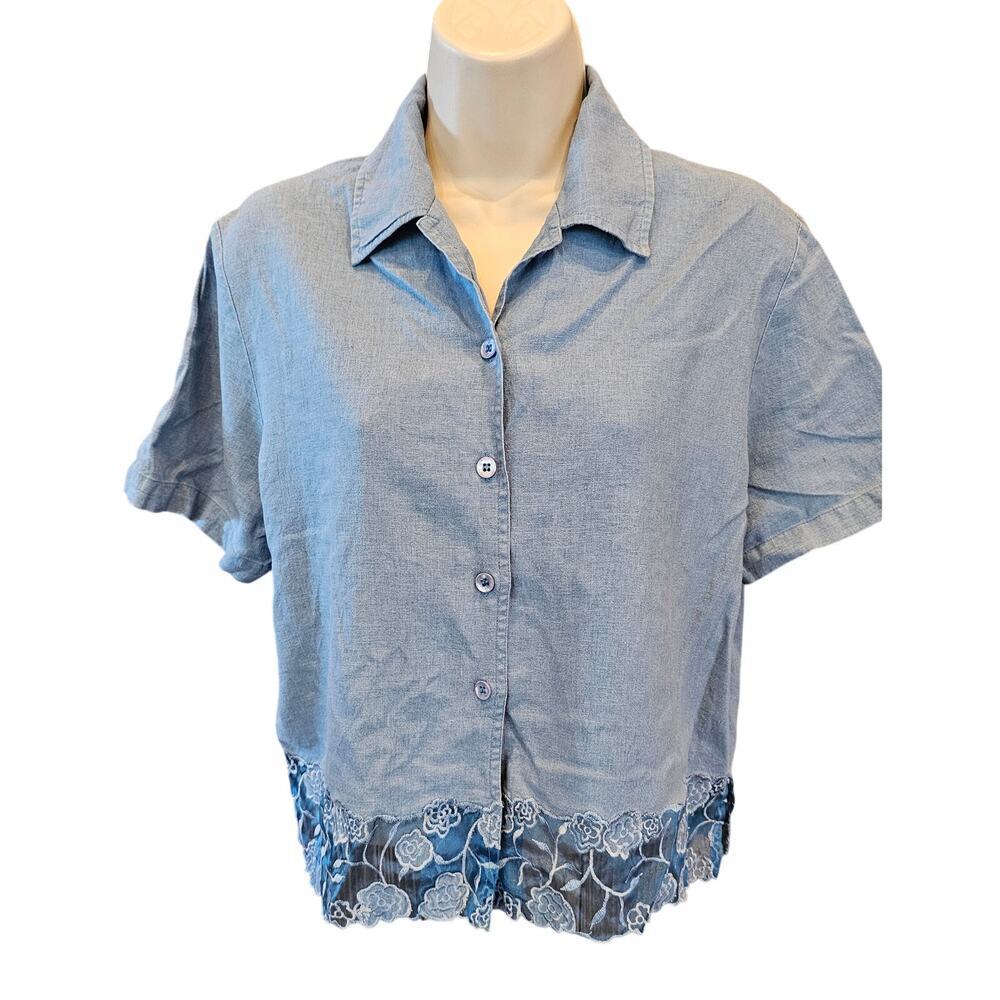 Napa valley MP M PETITE blue chambray linen blend lace trim button up casual